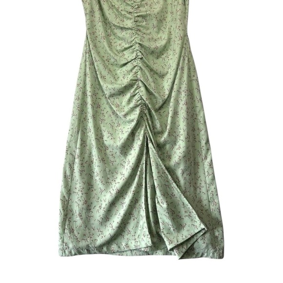 Love, Whit Pistachio Green Petite Floral Ruched Midi Dress High Slit Open Back L - Picture 6 of 9